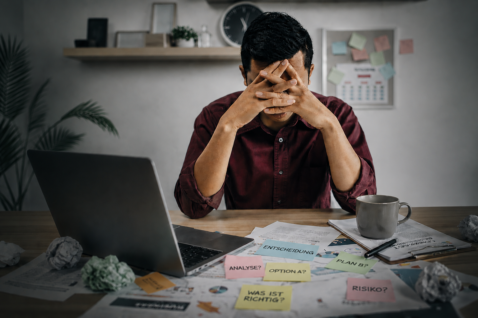 Entscheidungsmüdigkeit im Arbeitsalltag Person sitzt erschöpft am Schreibtisch nach einem Tag voller Entscheidungen, E-Mails und Informationsflut